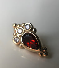 Load image into Gallery viewer, BVLA - Pear Sarai featuring Garnet pear(AA) with white diamonds ( VS) accents in solid yellow gold.