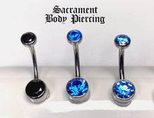 Load image into Gallery viewer, Titanium double gem bezel set navel curved barbells - CZ and opal gems - 14g