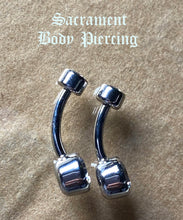 Load image into Gallery viewer, Titanium double gem bezel set navel curved barbells - CZ and opal gems - 14g