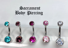 Load image into Gallery viewer, Titanium double gem bezel set navel curved barbells - CZ and opal gems - 14g