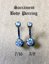 Load image into Gallery viewer, Titanium double gem bezel set navel curved barbells - CZ and opal gems - 14g