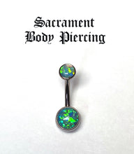 Load image into Gallery viewer, Titanium double gem bezel set navel curved barbells - CZ and opal gems - 14g
