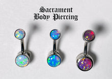 Load image into Gallery viewer, Titanium double gem bezel set navel curved barbells - CZ and opal gems - 14g