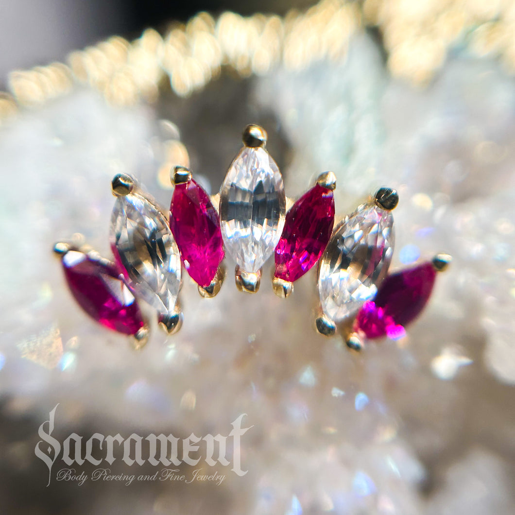 Ruby AA & White Sapphire AA 7-Stone Marquise Cluster 14k Gold