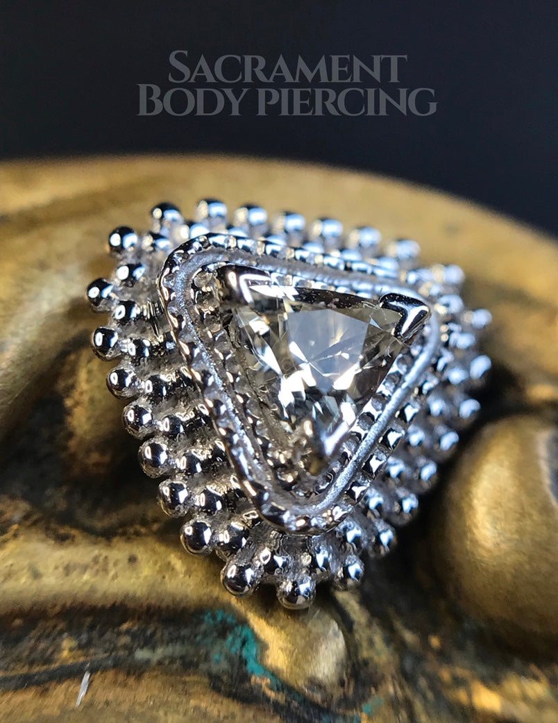 BVLA - White gold trillion cut Afghan featuring  3mm trillion cut white sapphire AA Threaded for  18 & 16G