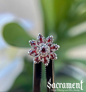 Rose End featuring Garnet Genuine Stones with Ruby Center in 18k White Gold