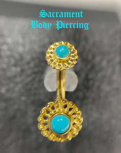 Virtue navel or rook curved barbell featuring turquoise gems - gold