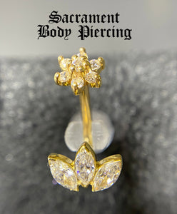 Marquise fan and flower j curved barbell for rook and navel - gold