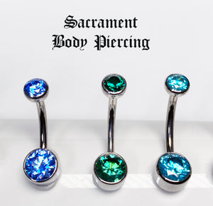 Titanium double gem bezel set navel curved barbells - CZ and opal gems - 14g